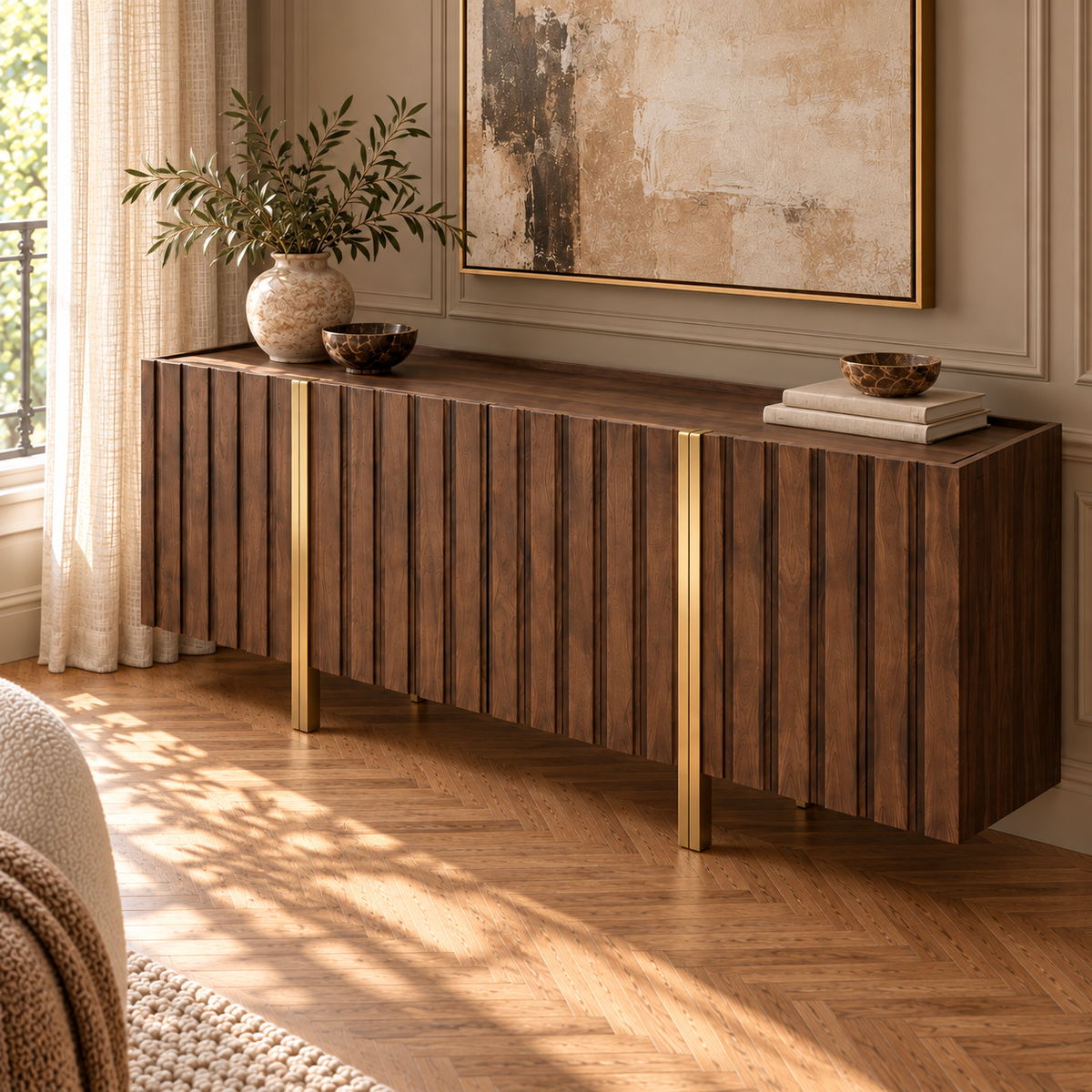Winchester Brown Walnut Wood & Brass Sideboard Berkeley Designs