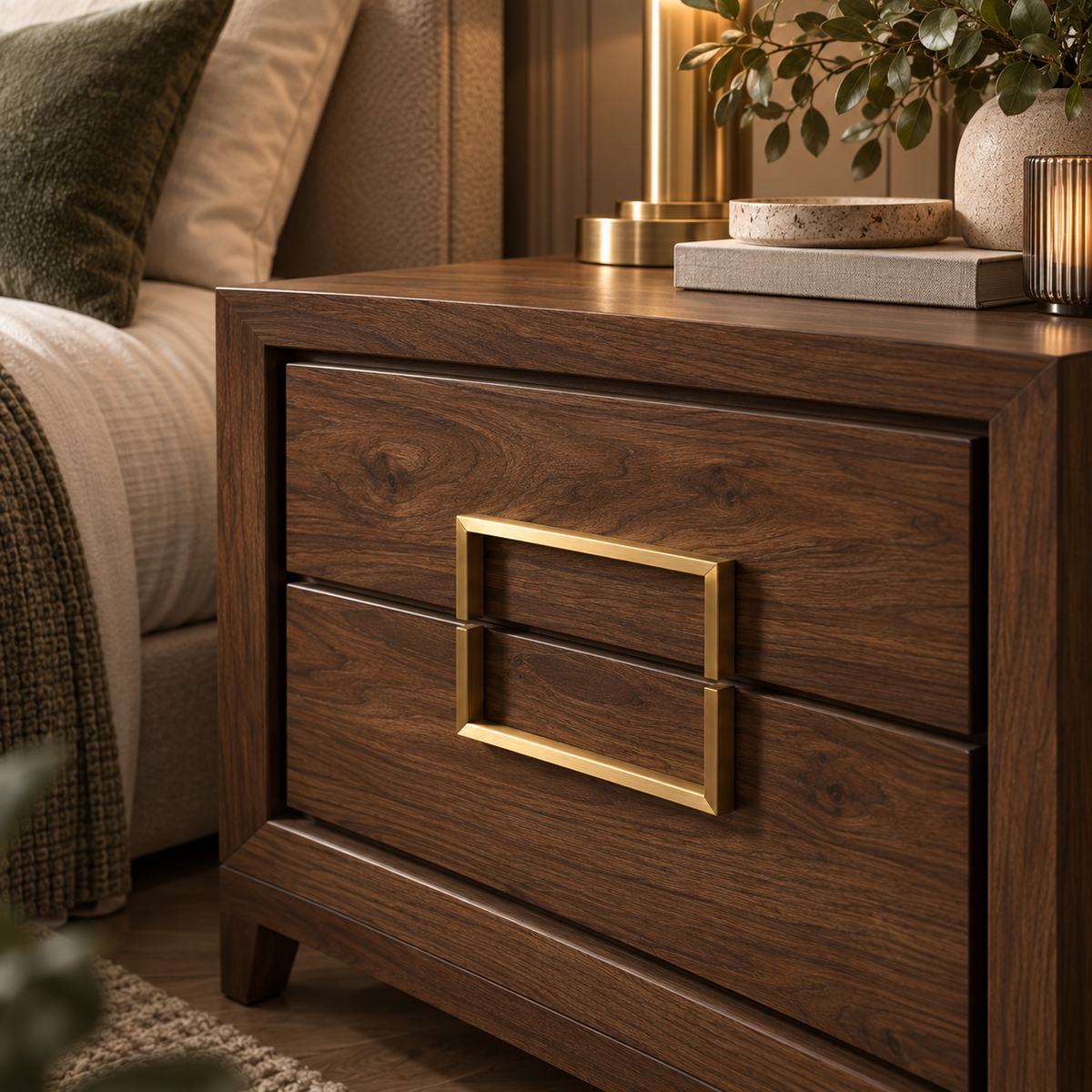 Lucca Brown Walnut Bedside Cabinet with Gold Handles by Berkeley Designs
