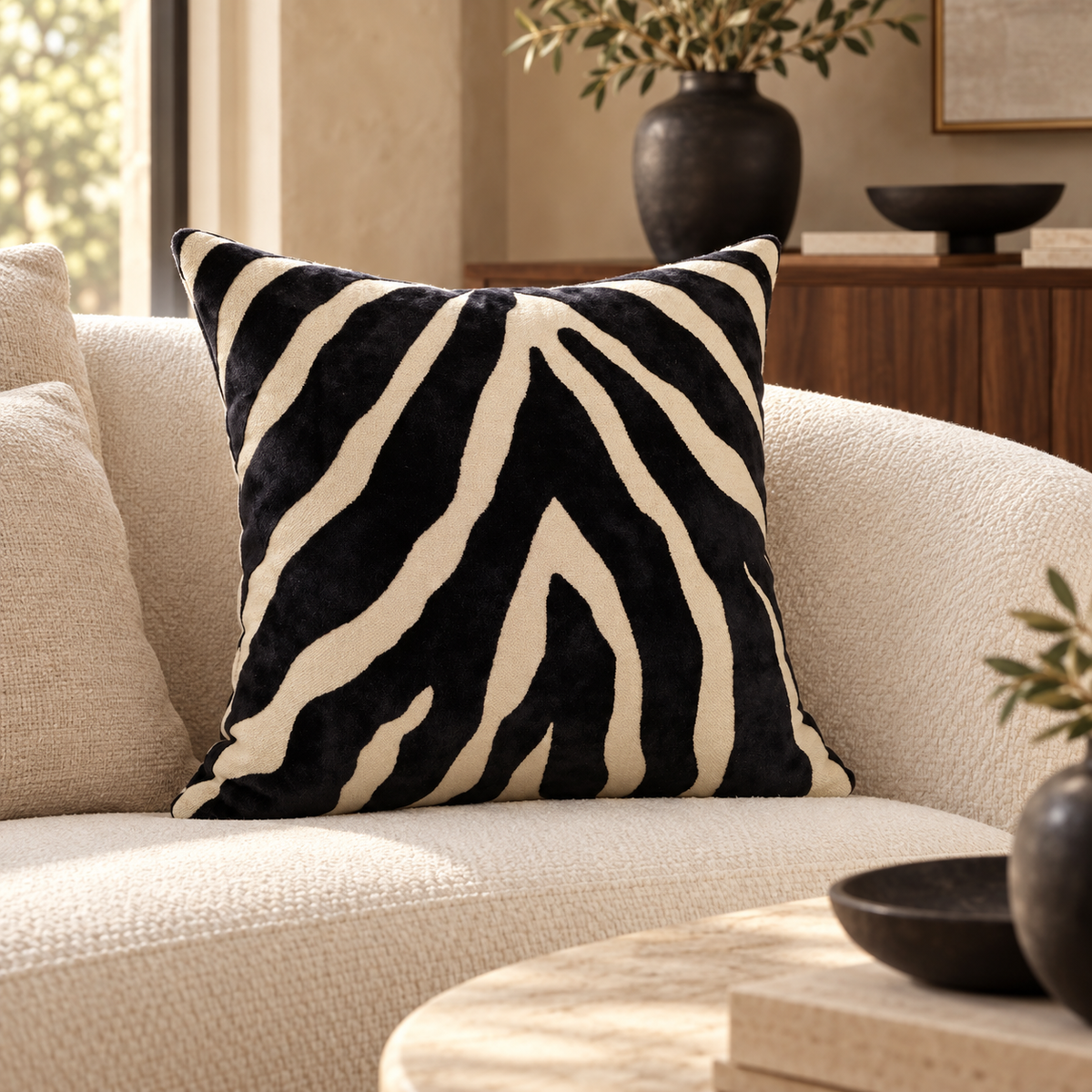 Zebedeedodah Zebra Velvet Cushion 43cm - Black Malini