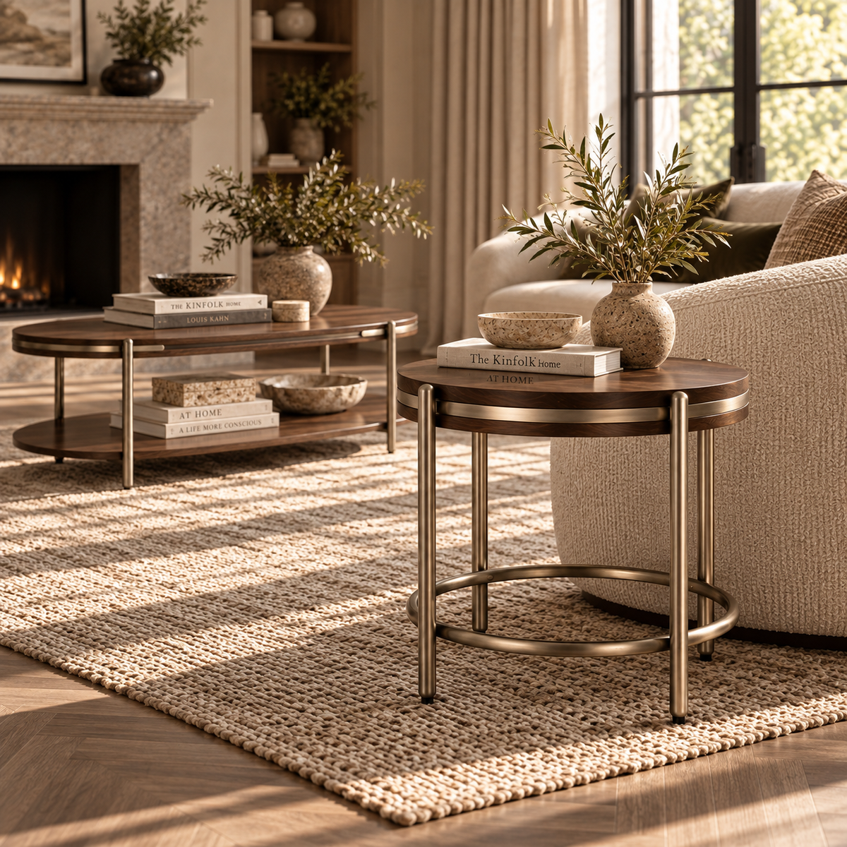 Vienna Brown Walnut Veneer Side Table with Brushed Brass Legs Berkeley Designs