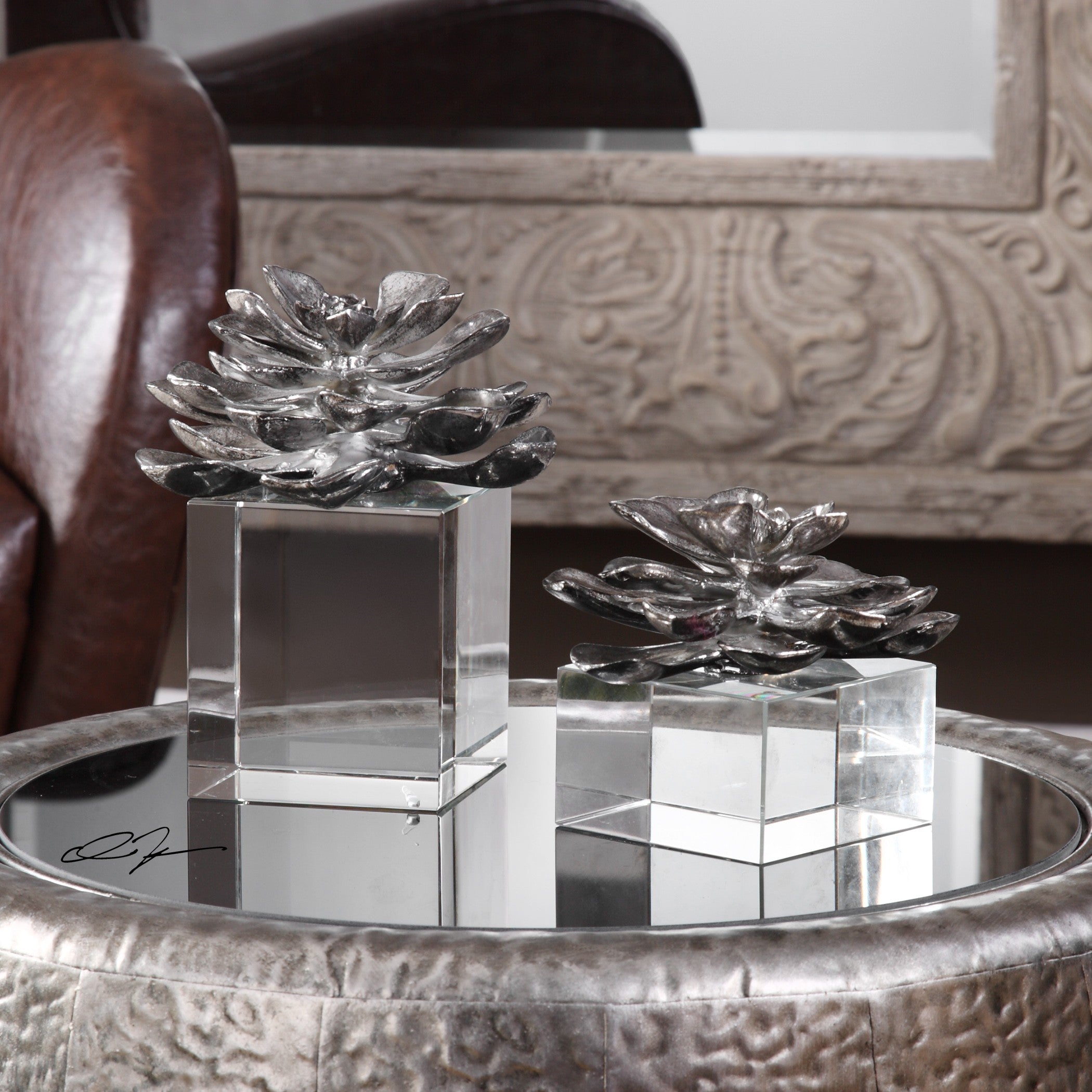 Indian Lotus Metallic Silver Flowers - Set of 2 by Uttermost