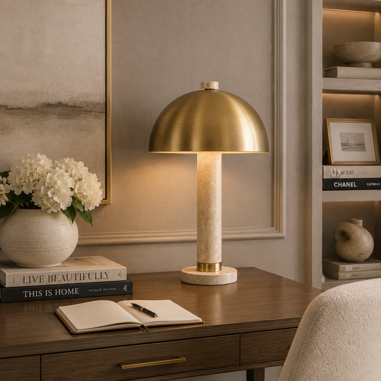 Jara Travertine & Brushed Gold Dome Table Lamp by Richmond Interiors