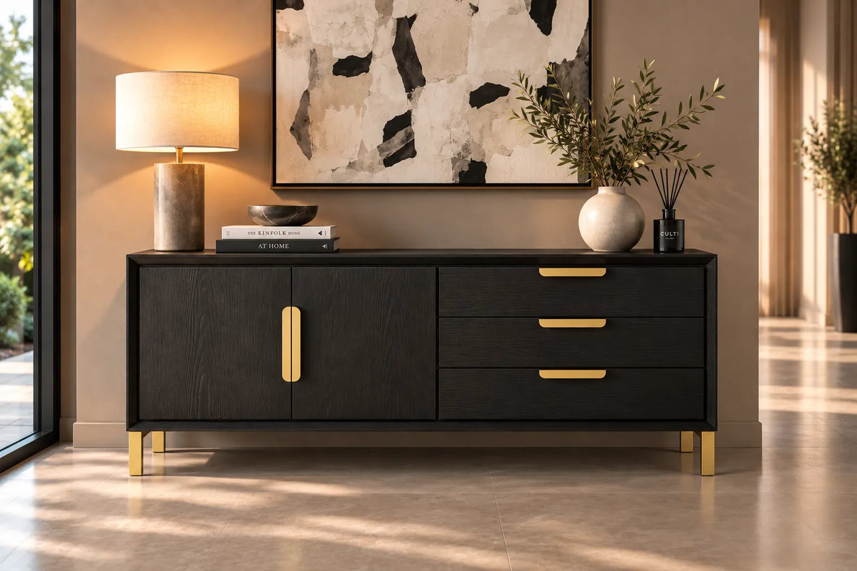 Aspen Textured Coffee Oak Wood & Gold Sideboard Berkeley Designs