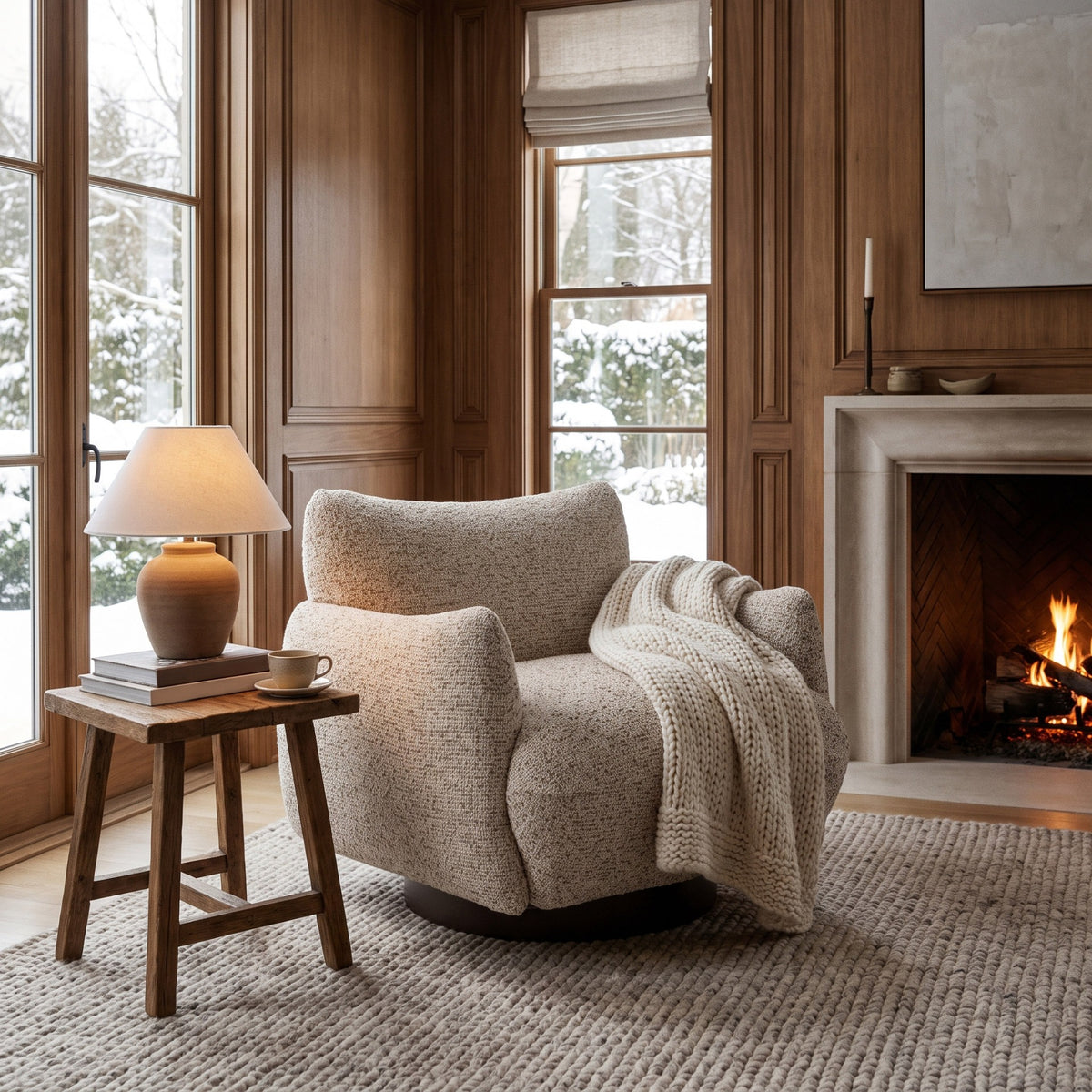Batsford Swivel Chair in Soft Truffle Boucle Keiichi