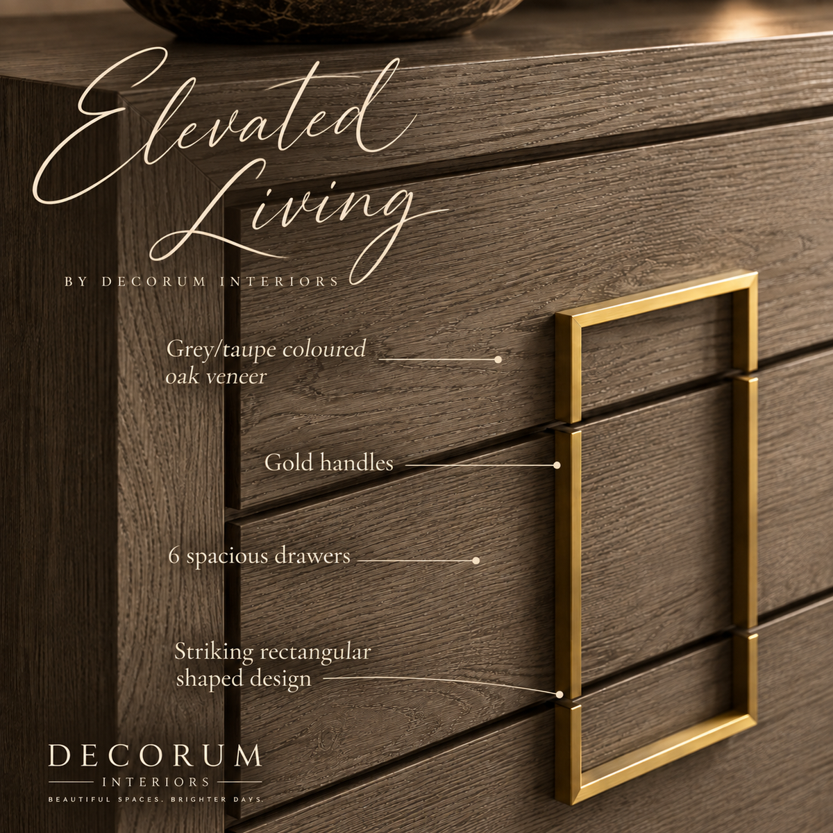 Lucca Grey / Taupe Oak 6 Drawer Gold Chest of Drawers by Berkeley Designs