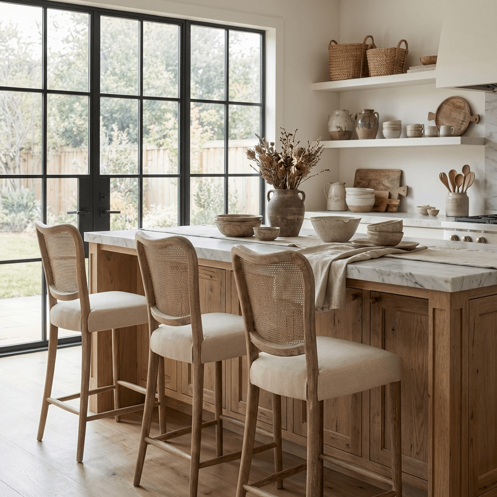 Chadlington Rattan and Natural Linen Counter Stool by Keiichi