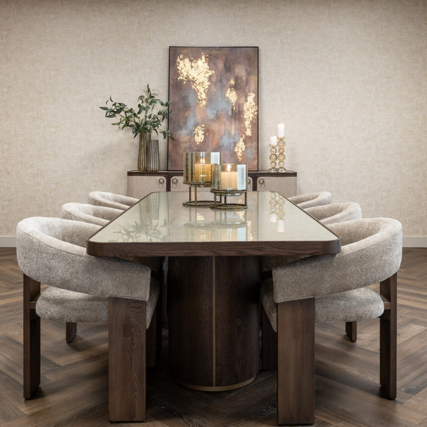 Willox Brown Oak & Beige Linen Glass Top Dining Table - 235cm by Richmond Interiors