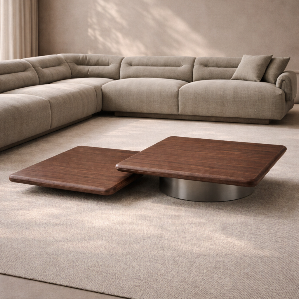 Lakeside II Walnut Wood Coffee Table with Grey Metal Base by Tommy Franks