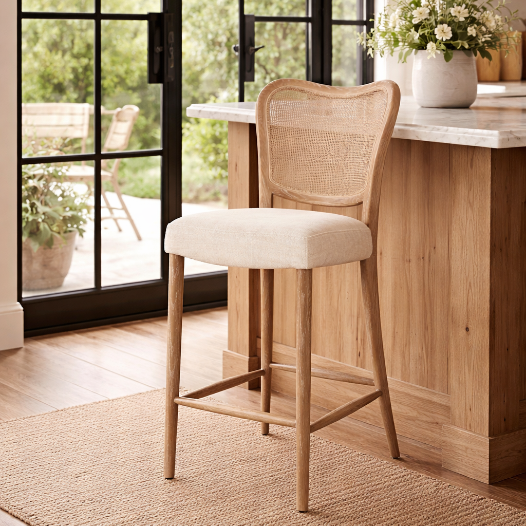 Chadlington Rattan and Natural Linen Counter Stool by Keiichi