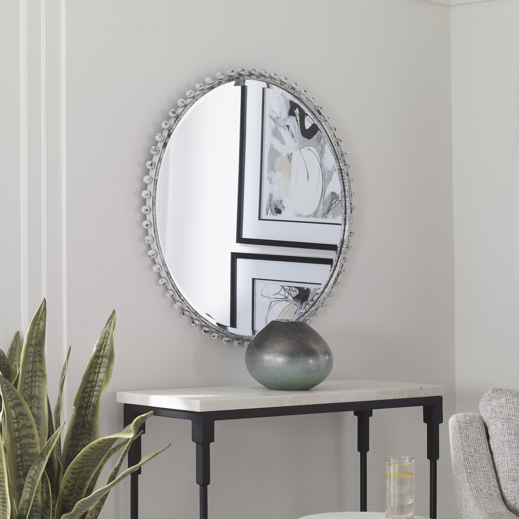 Taza Aged White Round Mirror by Uttermost
