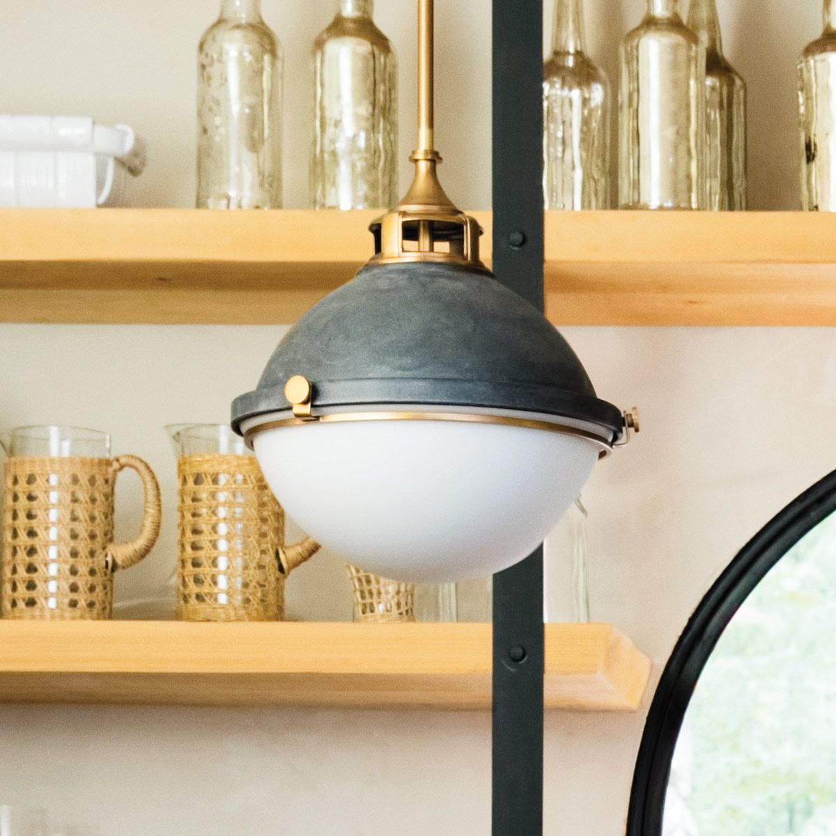 Fletcher Single Pendant Light Aged Zinc Heritage Brass & Glass Shade by Quintiesse