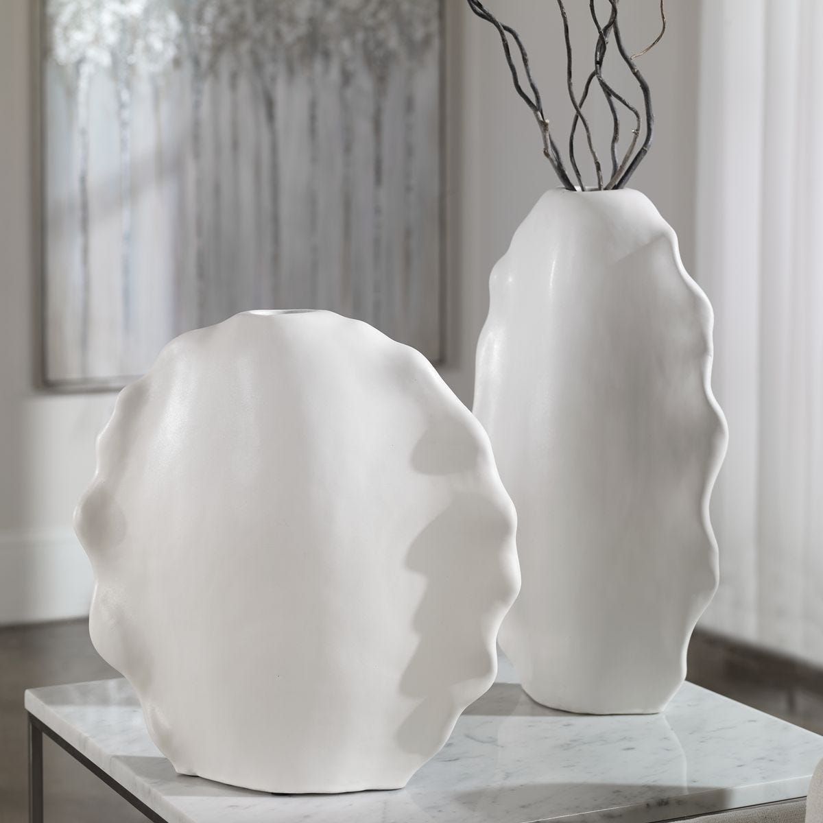 Ruffled Feathers Modern Indoor-Outdoor White Vases - Set of 2 by Uttermost