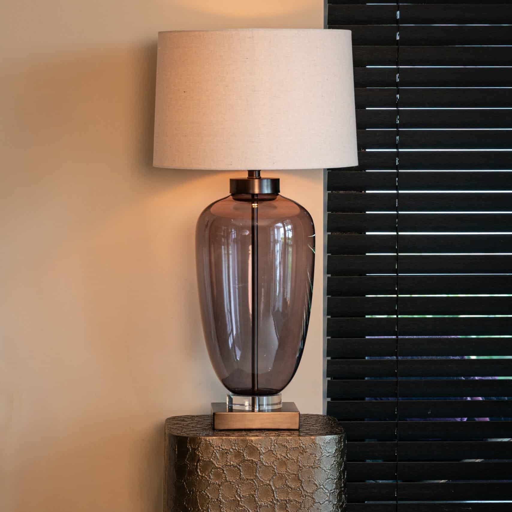 Monsoe Smoke Glass Table Lamp With Beige Linen Shade by Richmond Interiors