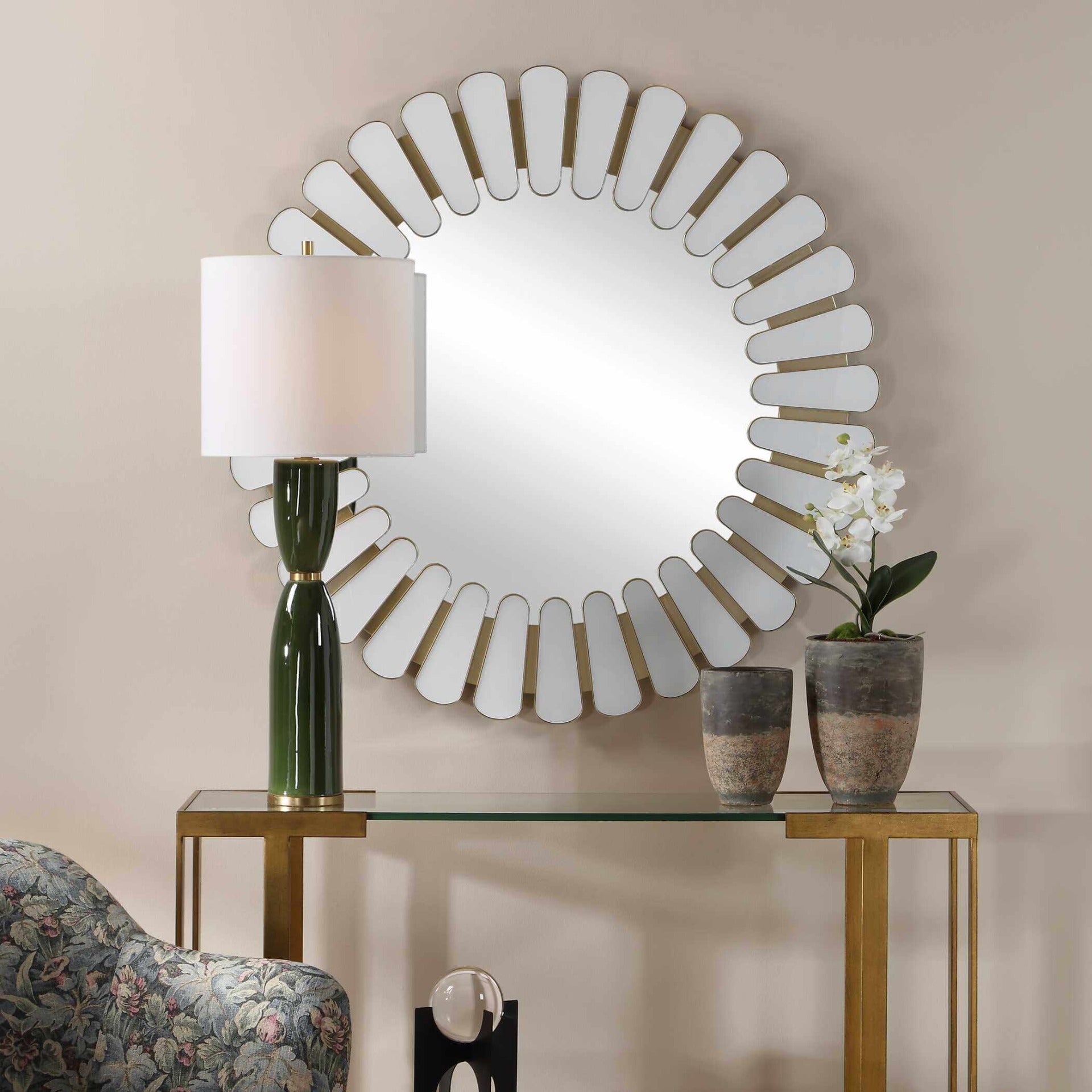 Miran White Glass Round Mirror by Uttermost