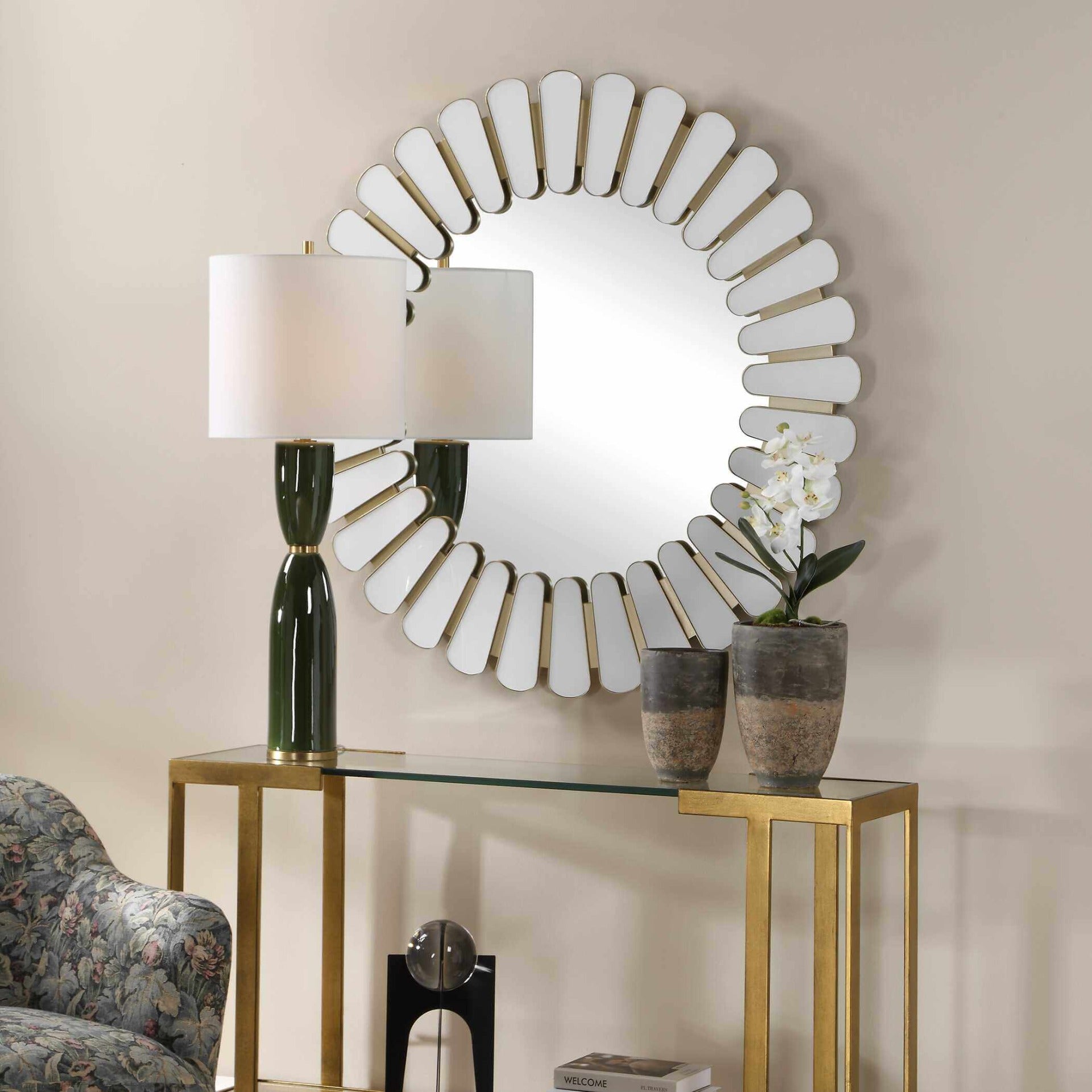 Miran White Glass Round Mirror by Uttermost