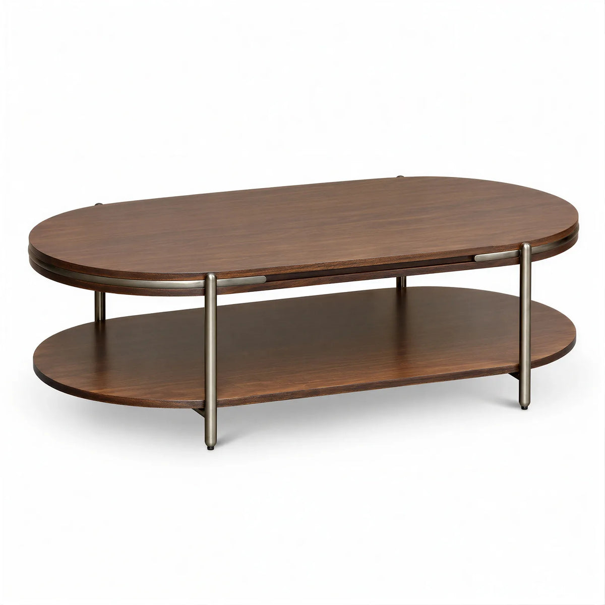 Vienna Brown Walnut Veneer Oval Coffee Table with Brushed Metal Trim Berkeley Designs