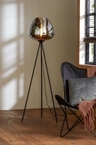 Mayson Smoked Glass & Matt Black Floor Lamp Tripod Light & Living
