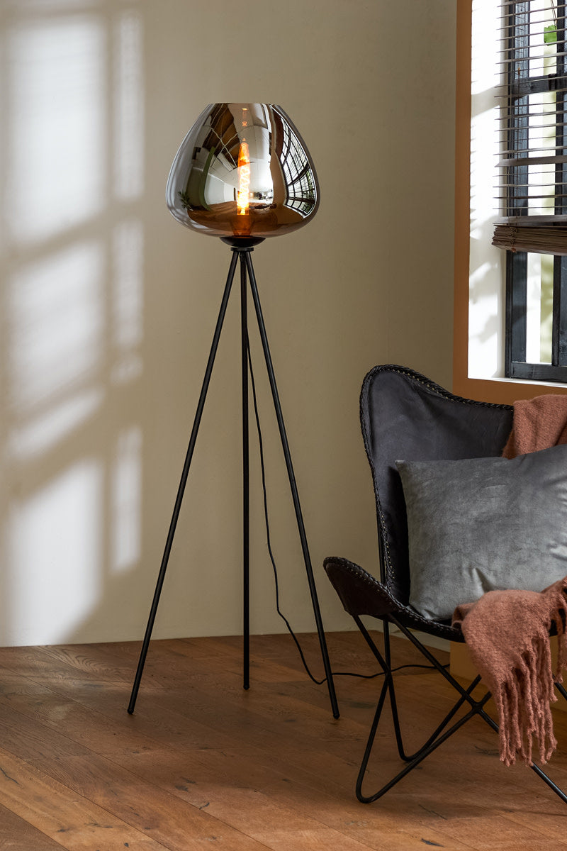 Mayson Smoked Glass & Matt Black Floor Lamp Tripod Light & Living
