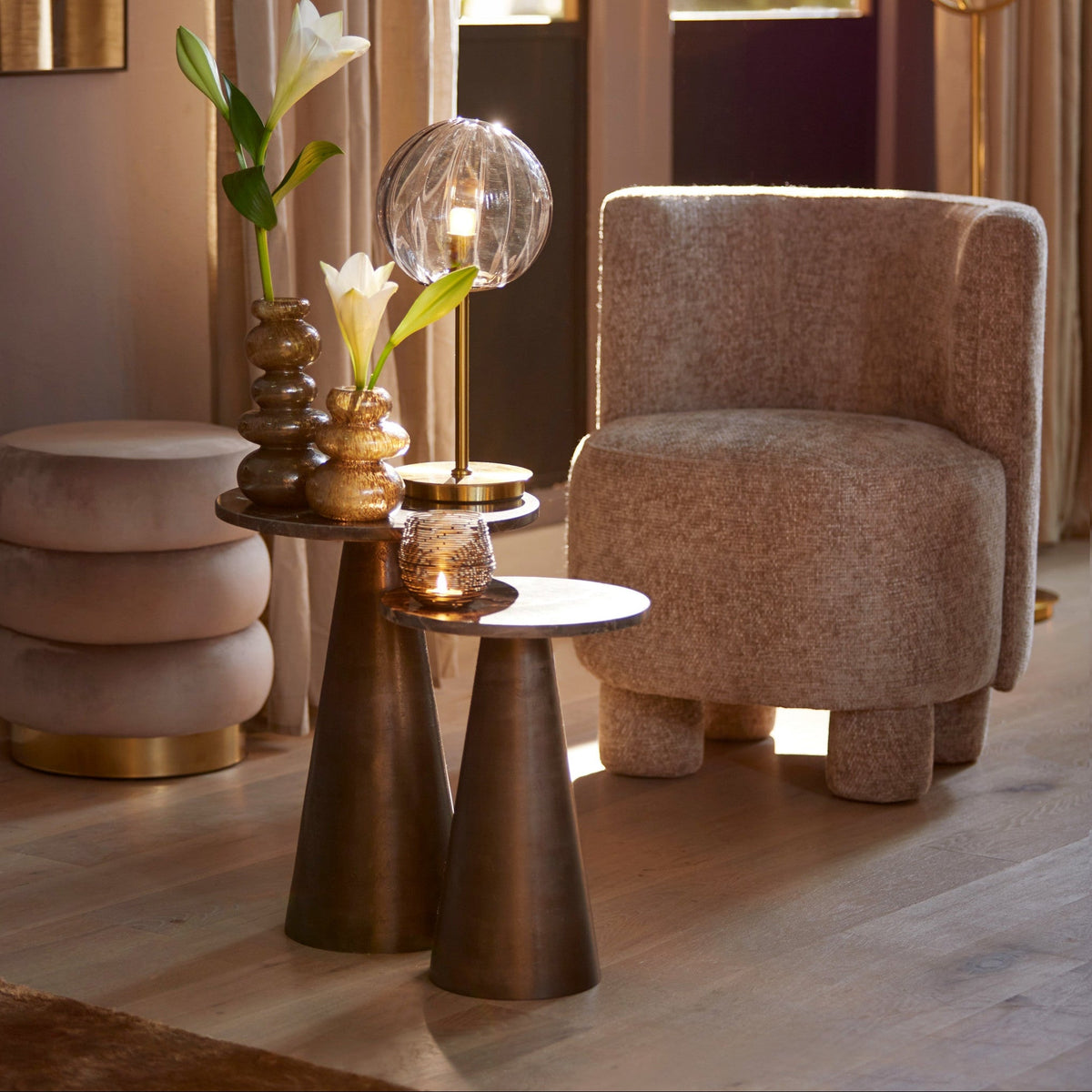 Ynez Dark Brown Marble & Dark Brown Small Side Table - 43cm Light & Living