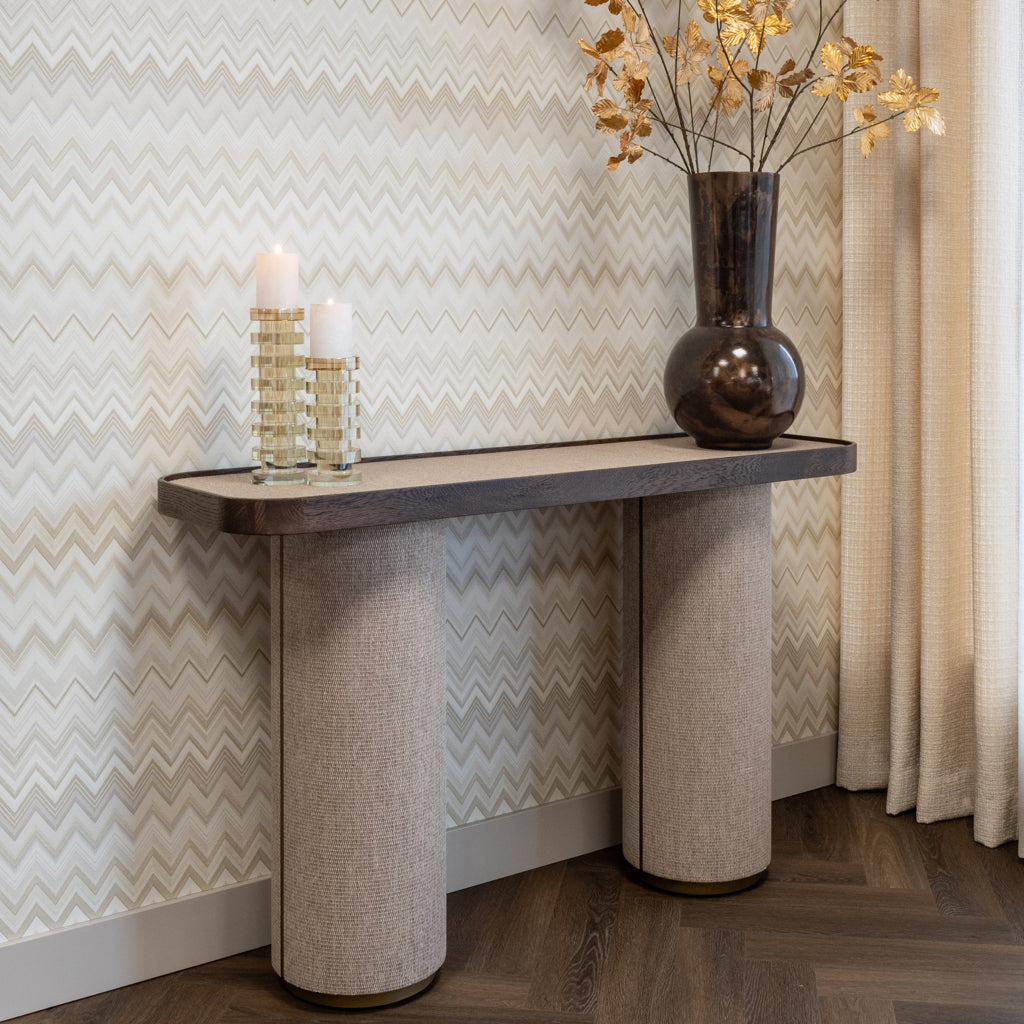 Willox Brown Oak & Beige Linen Console Table by Richmond Interiors