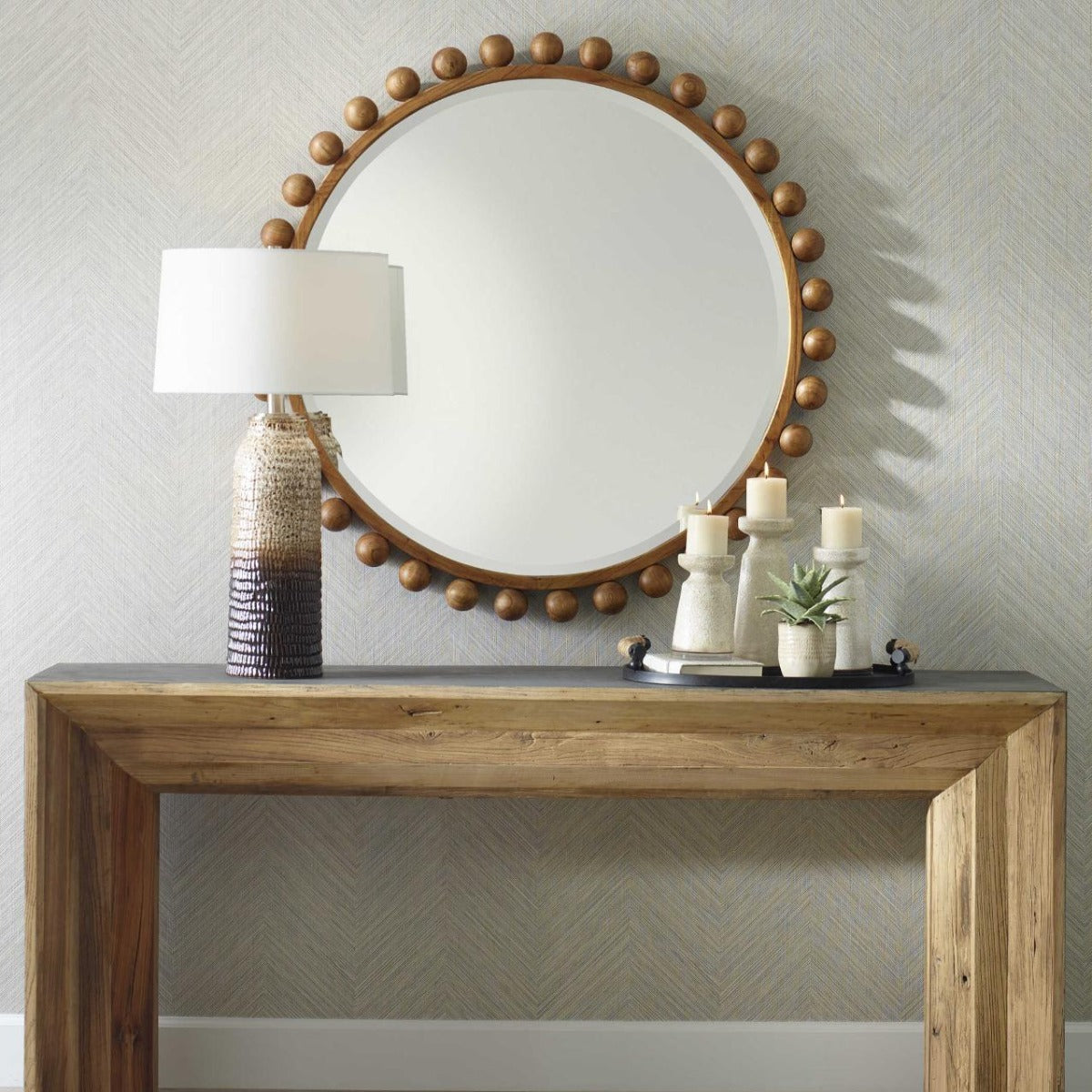 Cyra Wood Beaded Round Mirror by Uttermost
