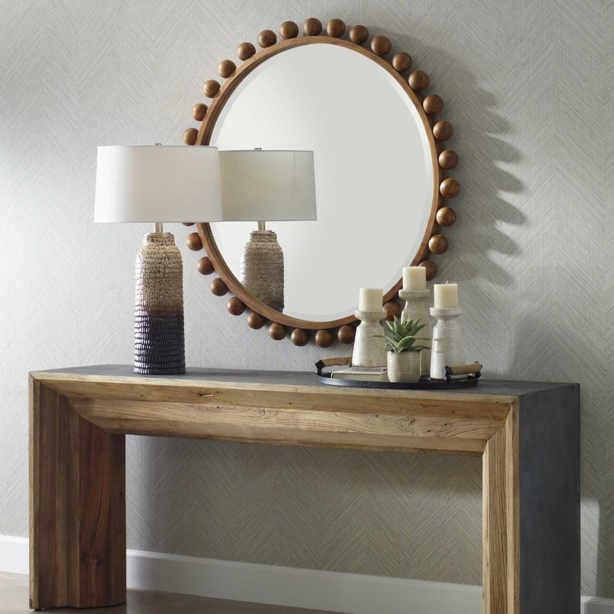 Cyra Wood Beaded Round Mirror by Uttermost