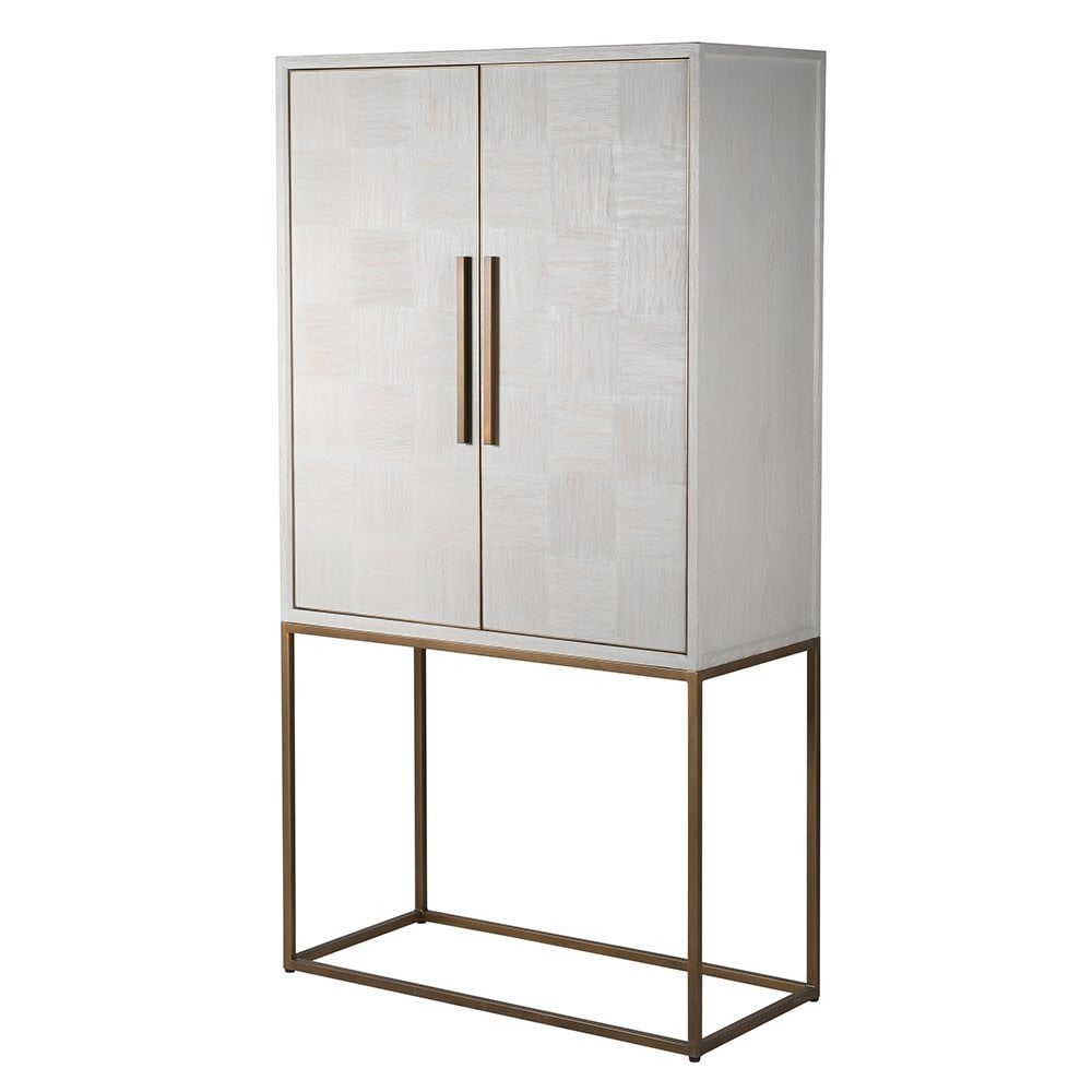 Vienna Squares Bar Drinks Cabinet Oak Wood Gold Handles & Legs 2 Door by Kensington