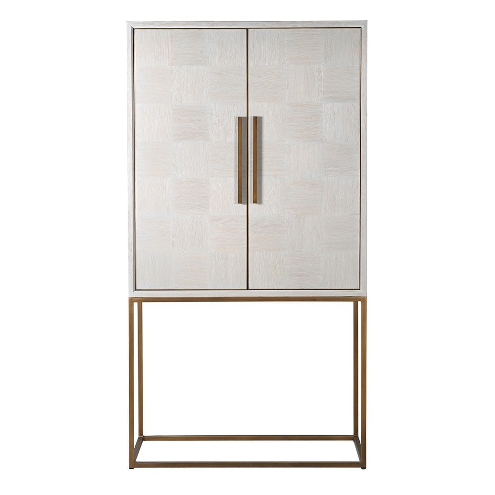 Vienna Squares Bar Drinks Cabinet Oak Wood Gold Handles & Legs 2 Door by Kensington