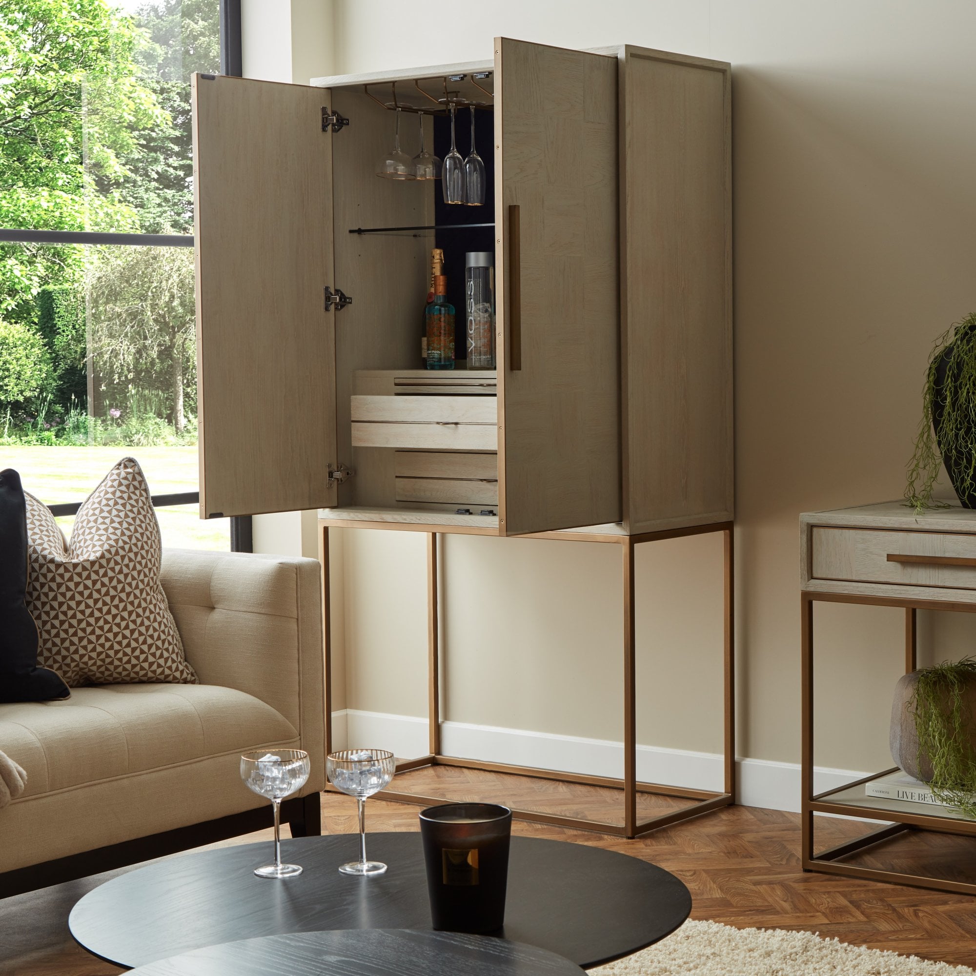 Vienna Squares Bar Drinks Cabinet Oak Wood Gold Handles & Legs 2 Door by Kensington