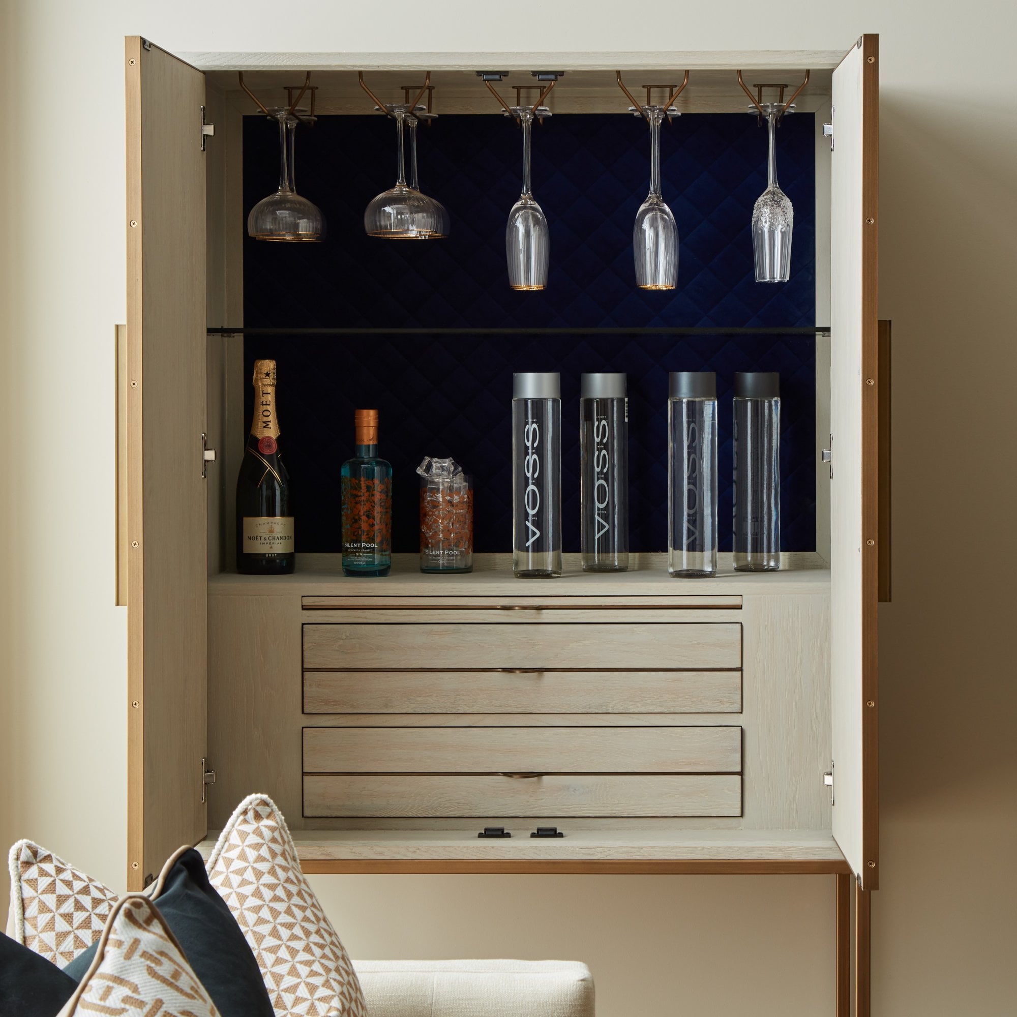Vienna Squares Bar Drinks Cabinet Oak Wood Gold Handles & Legs 2 Door by Kensington