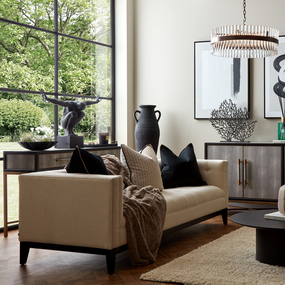 Islington Console Table Grey Oak Wood & Shagreen with Brass Legs & Han ...