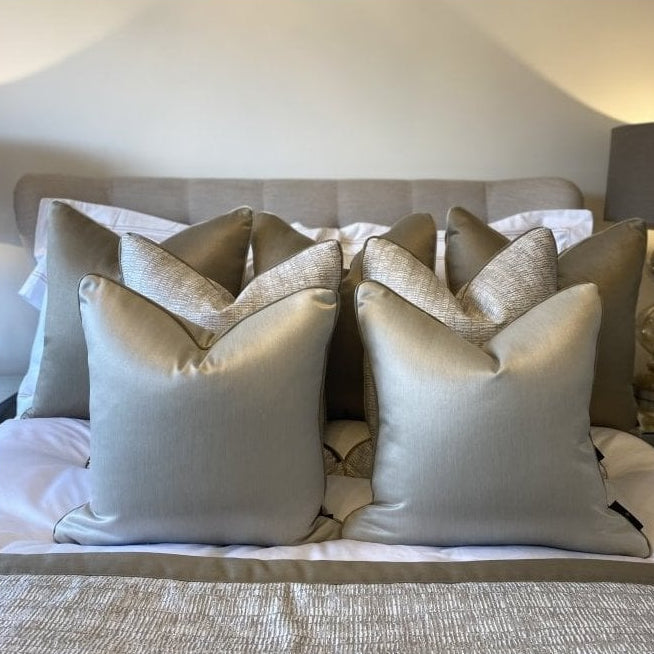 Celine Hessian Satin & Celine Fawn Satin Piping Cushion by Luxe Casa