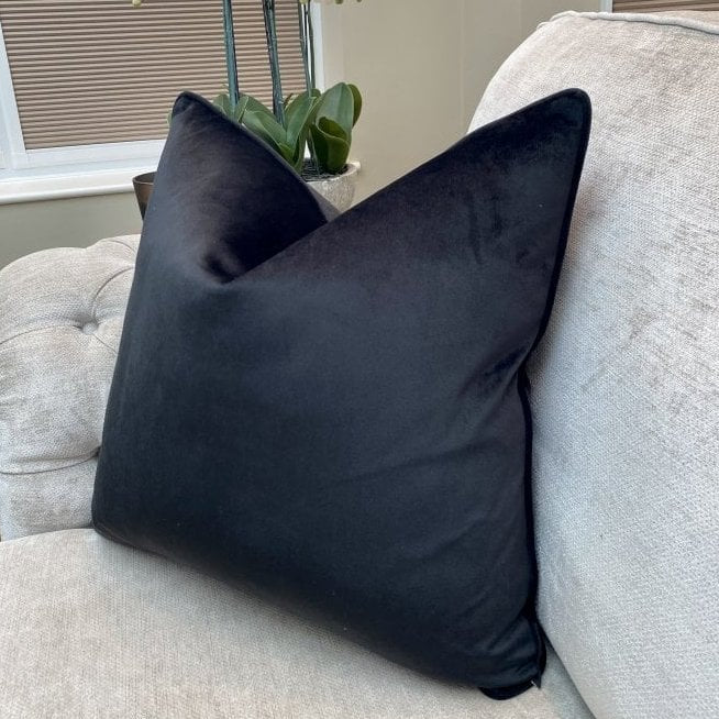 Gabrielle Black Noir Velvet Self Piped Cushion by Luxe Casa