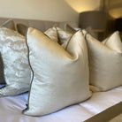 Evie Oyster & Celine Fawn Satin Piping Cushion by Luxe Casa