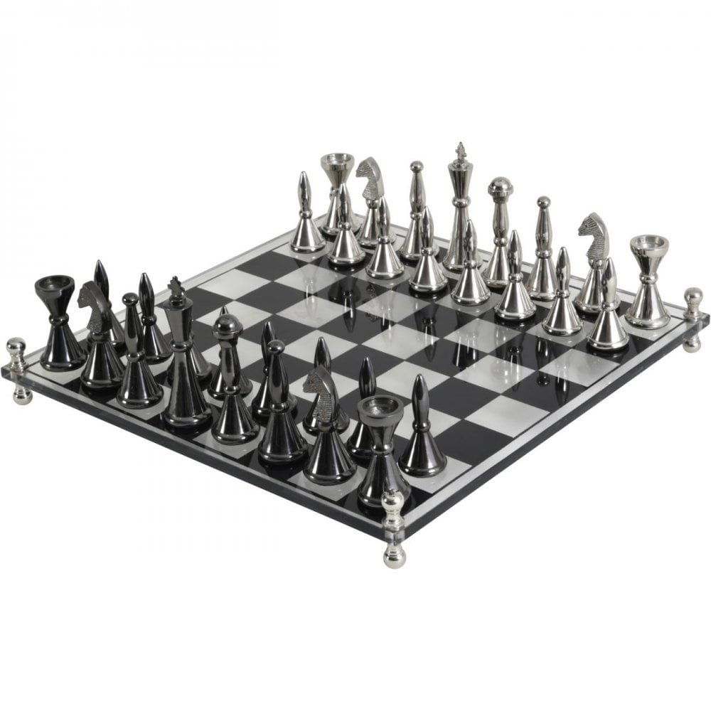 Yates Chess Set Featuring Acrylic Base and 32 Aluminium Pieces by Libra Interiors