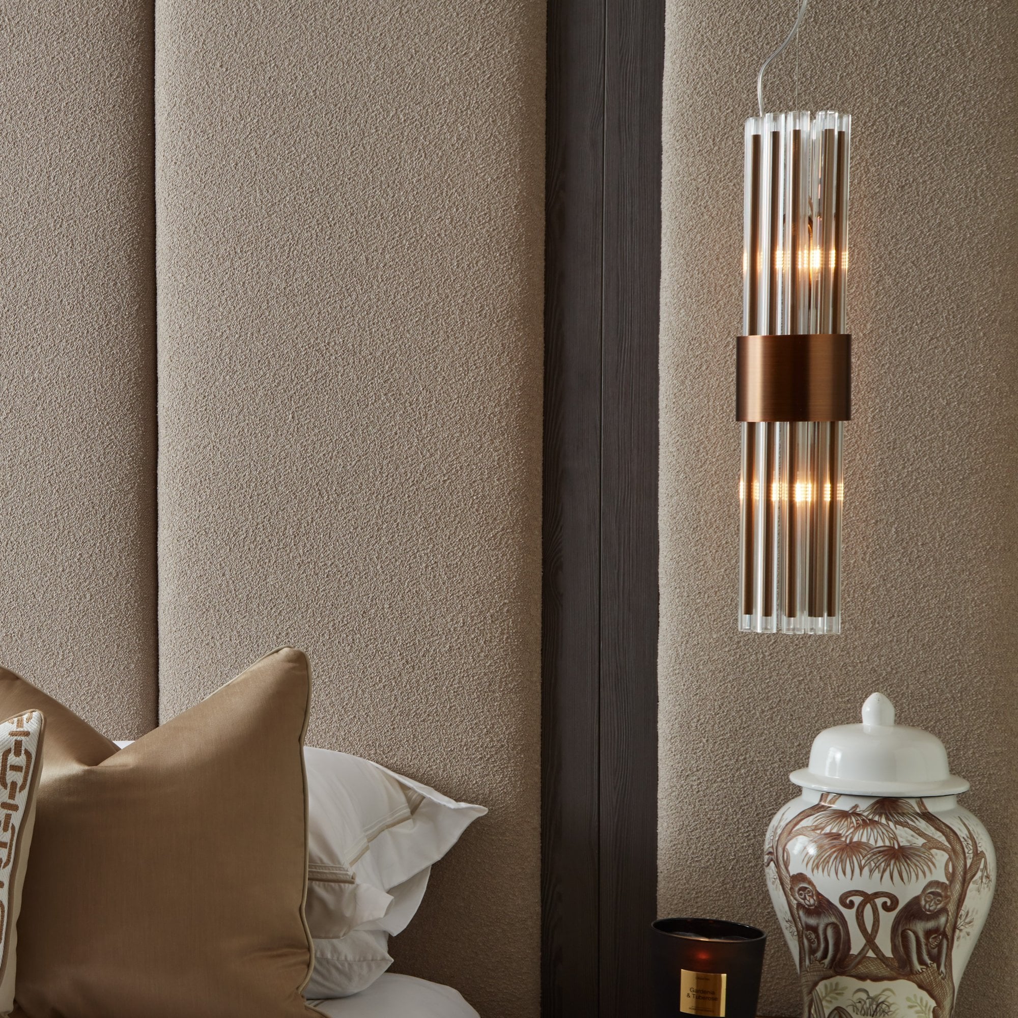 Colmar Single Pendant Light in Antique Brass. RV Astley.