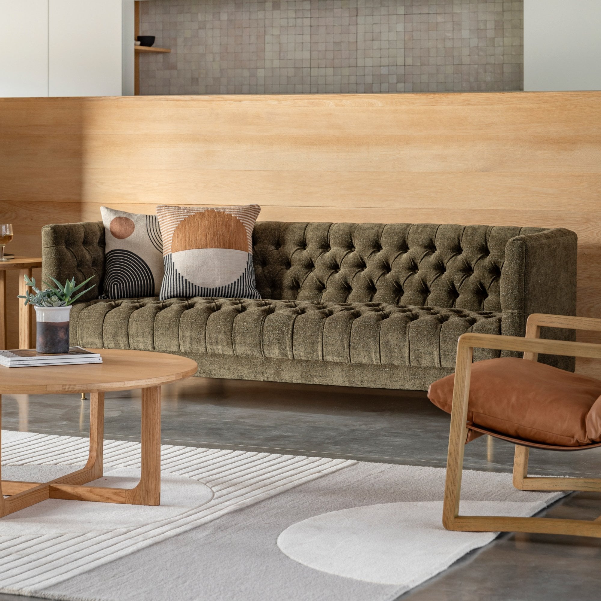 Dalton Sofa Moss Green Fabric 3 Seater & Oak Wood – Decorum Interiors