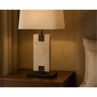 Madison Table Lamp Travertine & Antique Bronze Base & White Linen Shade by Liang & Eimil