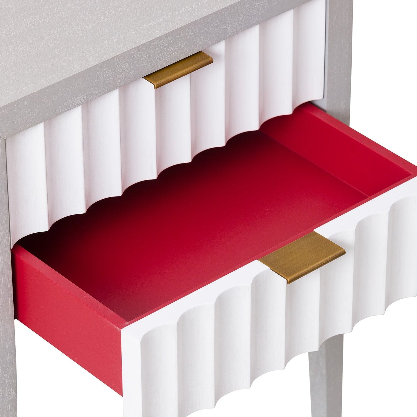 Malibu Bedside Table Grey Satin Wood Hairline White & Red Lining 2 Drawers by Liang & Eimil