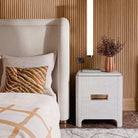 Vitros Bedside Table White Saw Cut Oak Wood Antique Brushed Brass Handles 2 Drawer by Liang & Eimil