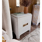 Vitros Bedside Table White Saw Cut Oak Wood Antique Brushed Brass Handles 2 Drawer by Liang & Eimil