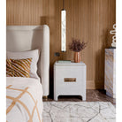 Vitros Bedside Table White Saw Cut Oak Wood Antique Brushed Brass Handles 2 Drawer by Liang & Eimil