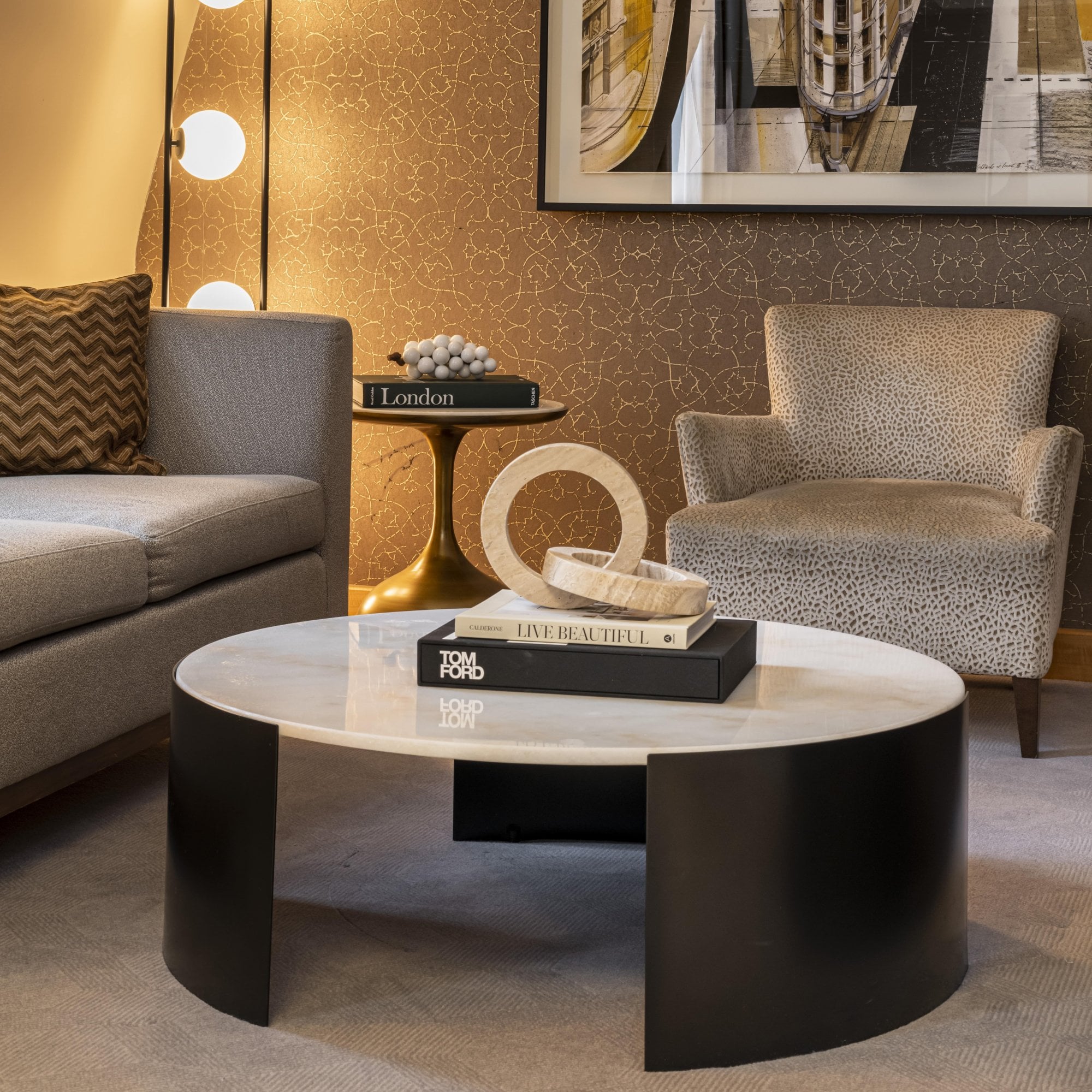 Samba Round Coffee Table Industrial Brown & White Marble Top by Liang & Eimil
