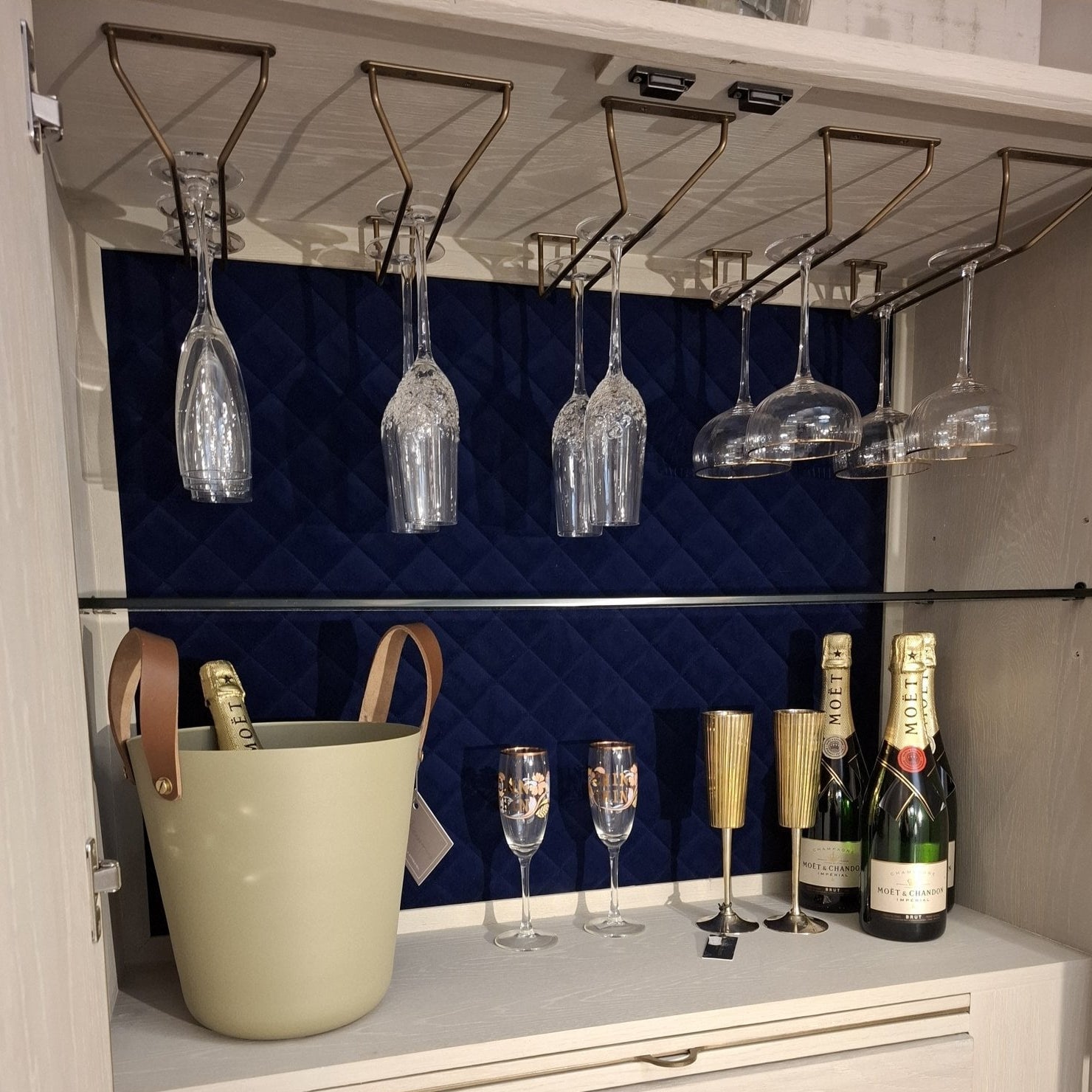 Vienna Squares Bar Drinks Cabinet Oak Wood Gold Handles & Legs 2 Door by Kensington