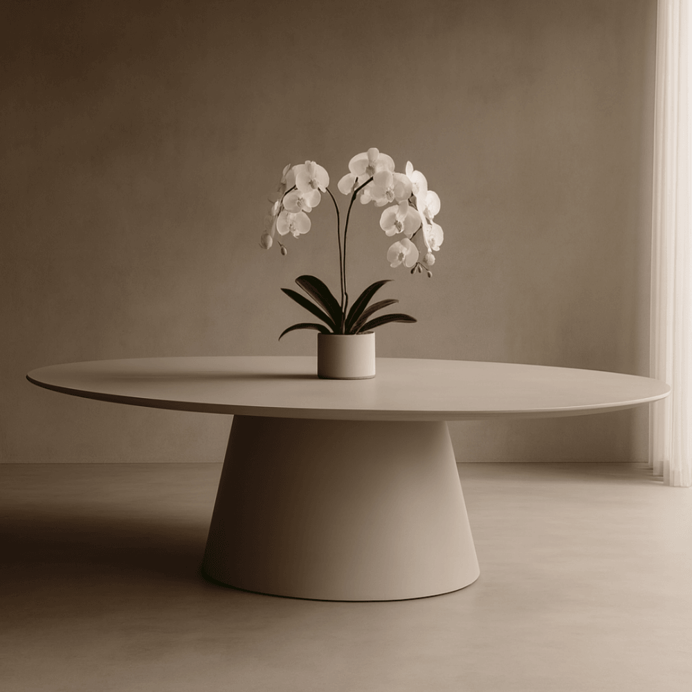 Tavamo Matte Beige Oval Dining Table – Decorum Interiors