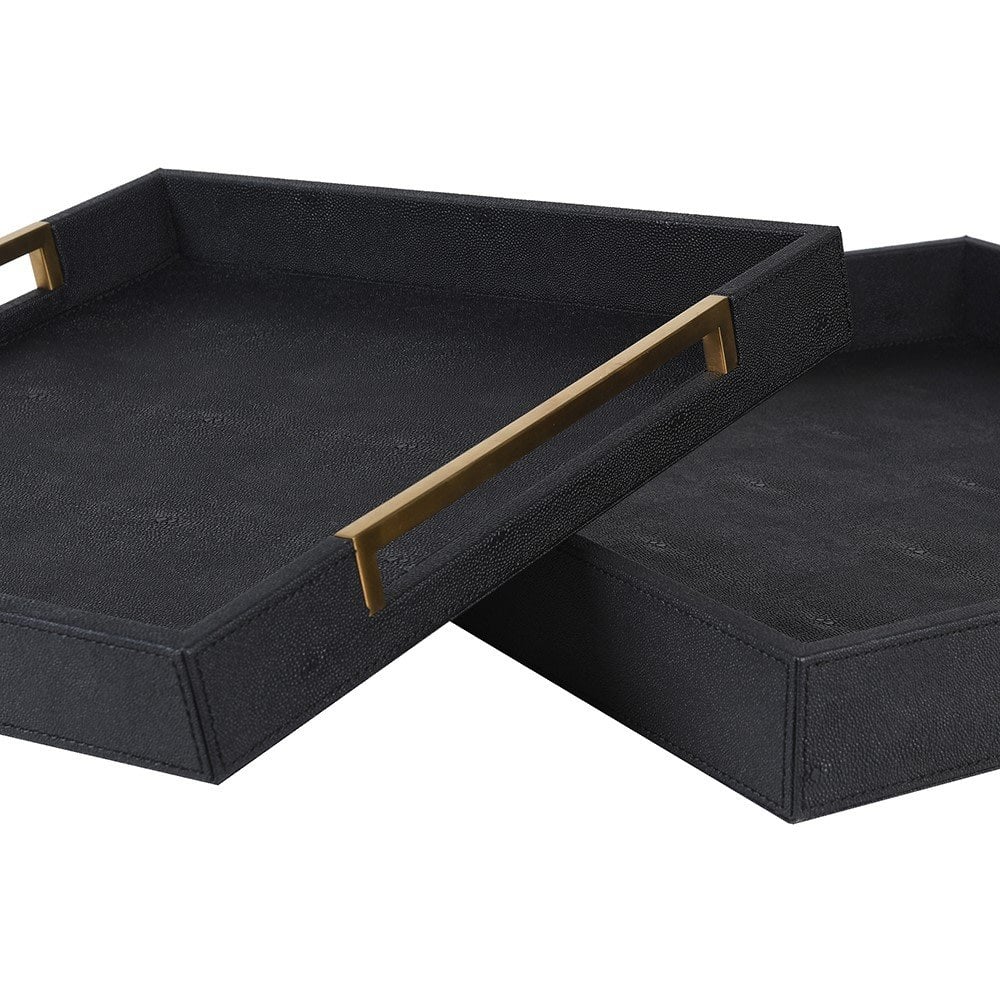 Set of 2 Gold and Black Faux Shagreen Trays by Kensington