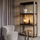 Thorpe II Smoked Bronze Metal and Glass Shelving Unit featuring Marble by Libra Interiors