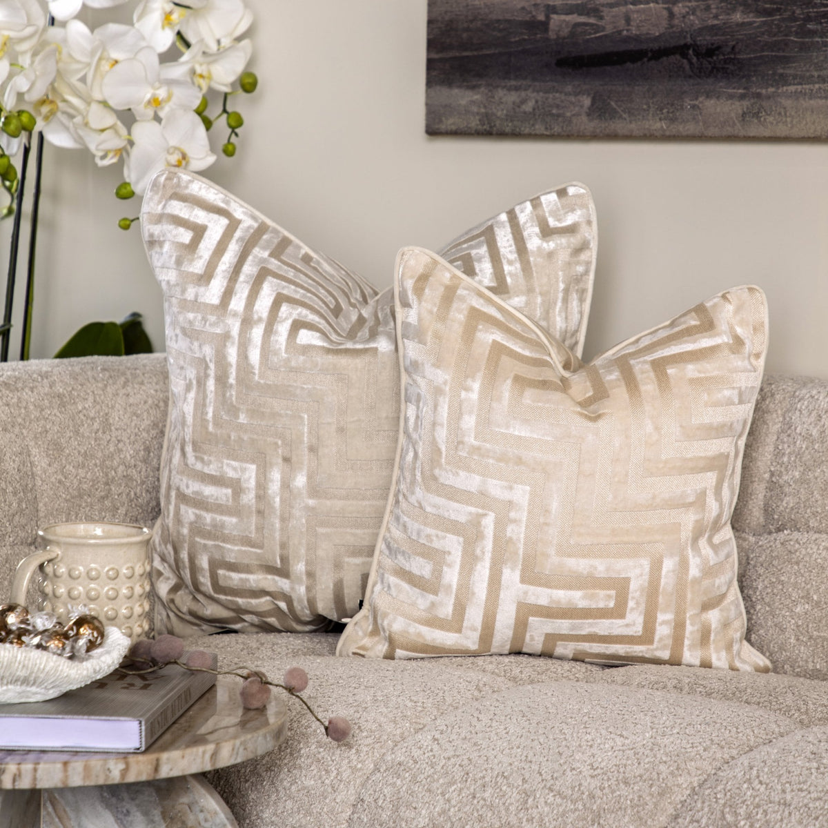 Amazing Maze Cut Velvet Cushion - Ivory Malini