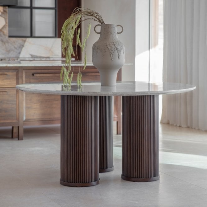 Whitwell Brown Wood & Grey Marble Dining Table by Libra Interiors