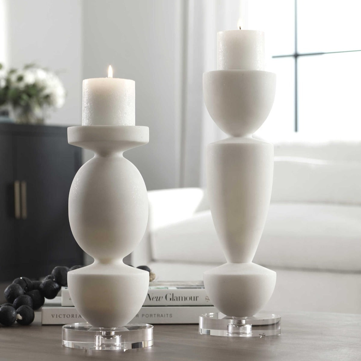 Lido White Stone Candleholders - Set of 2 by Uttermost
